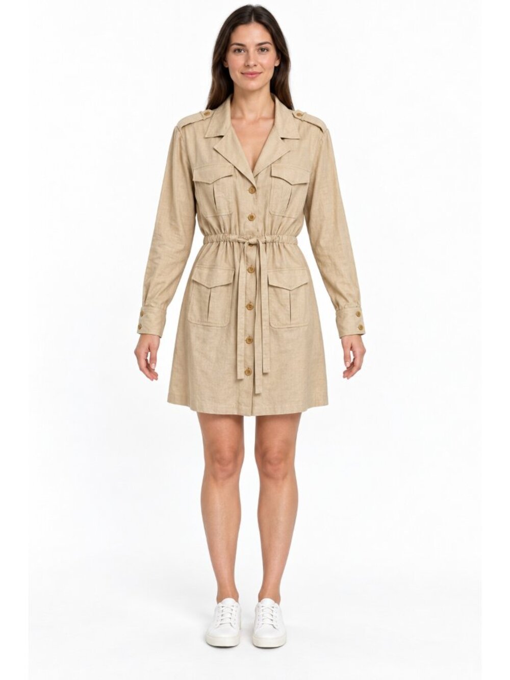 Trina Turk Tan Linen Blend Belted Button Front Shirt Dress Women's Large
